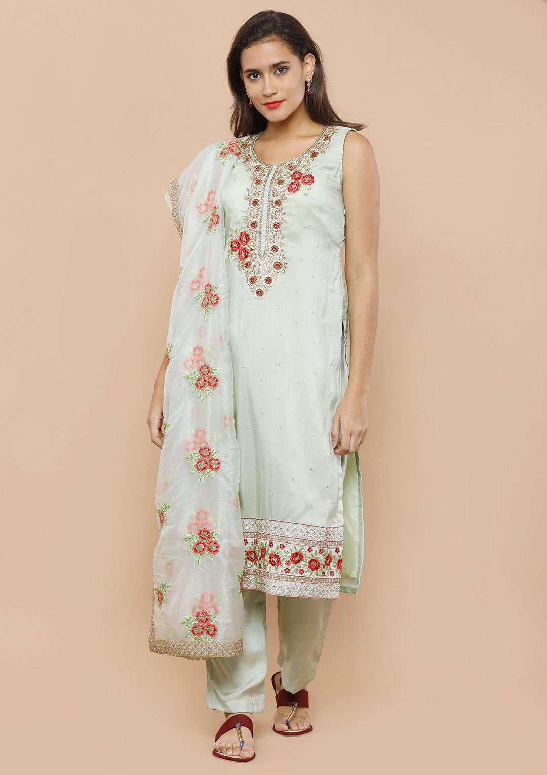 Green Embellished Tissue Designer Salwar Suit-Koskii