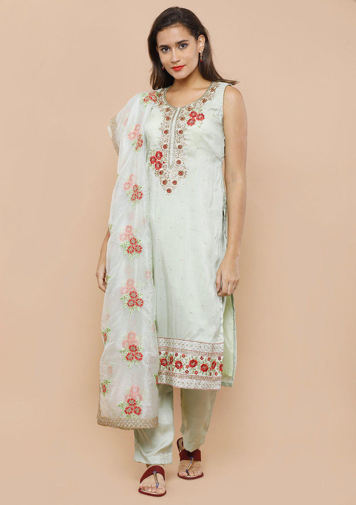 Green Embellished Tissue Designer Salwar Suit-Koskii