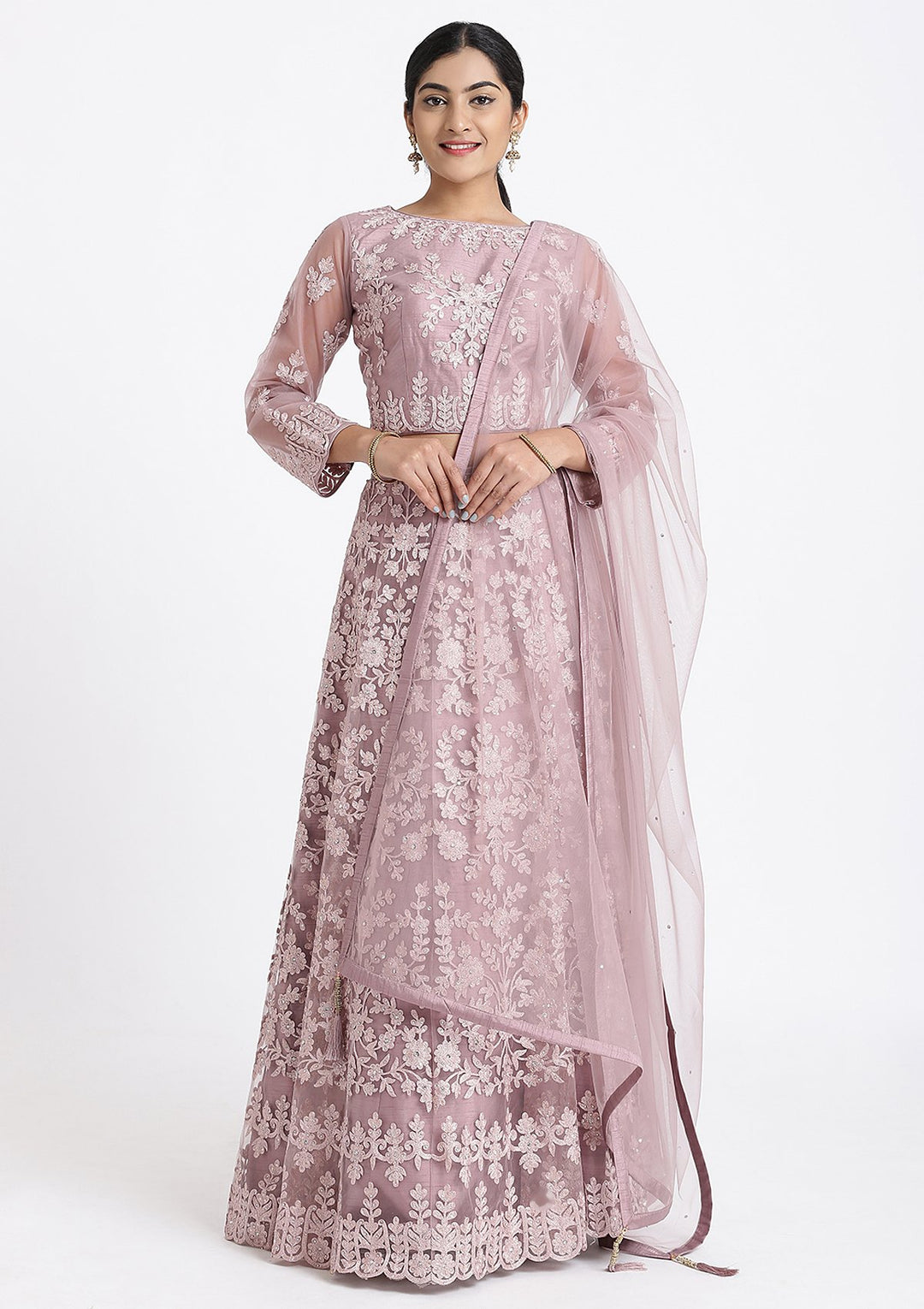 Mauve Threadwork Net Designer Lehenga-Koskii