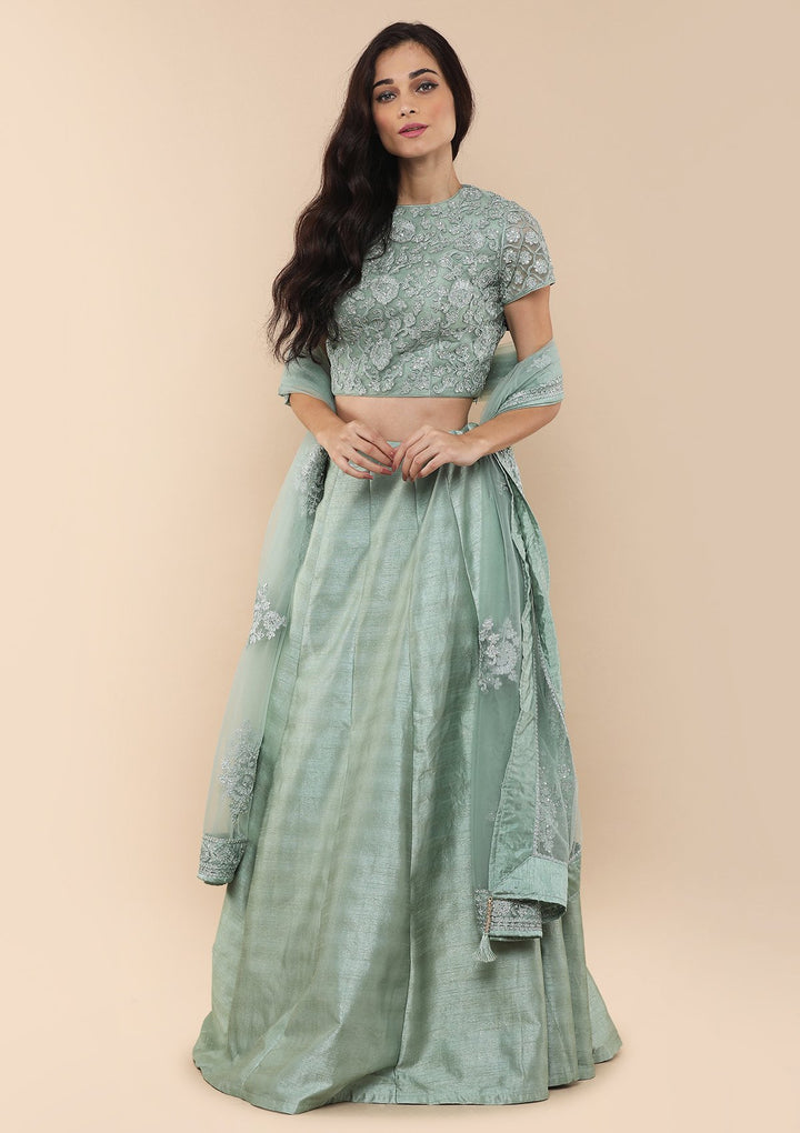 Teal Green Silver Zari Work Silk Designer Lehenga-Koskii