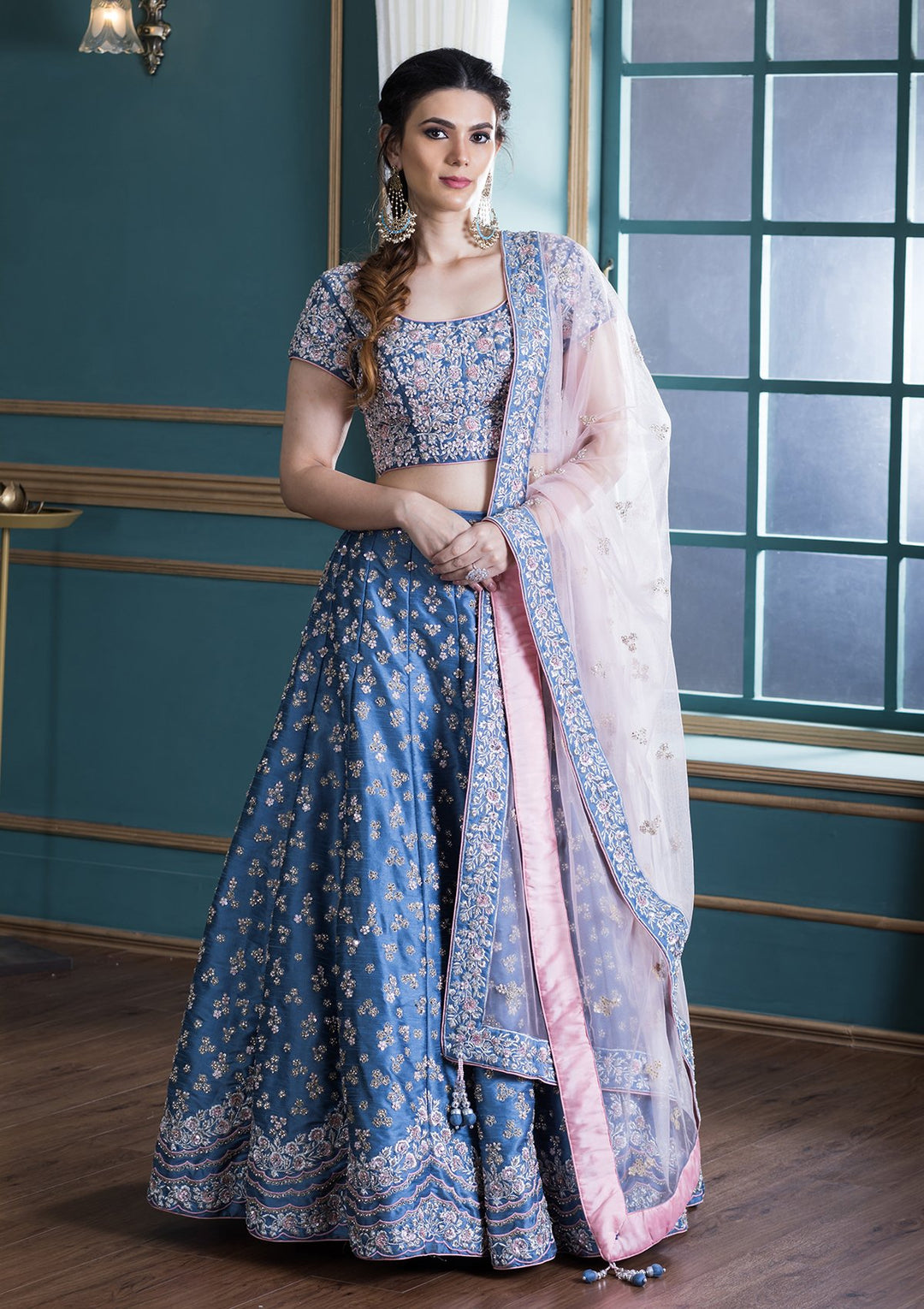 Blue Embellished Silk Designer Lehenga-Koskii