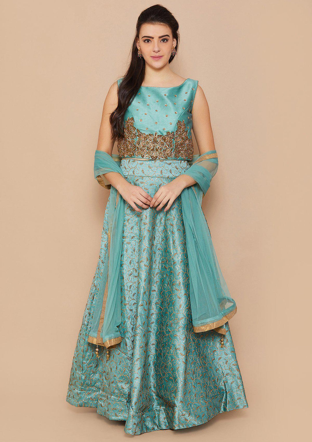 Teal Stonework Raw-Silk Designer Lehenga-Koskii