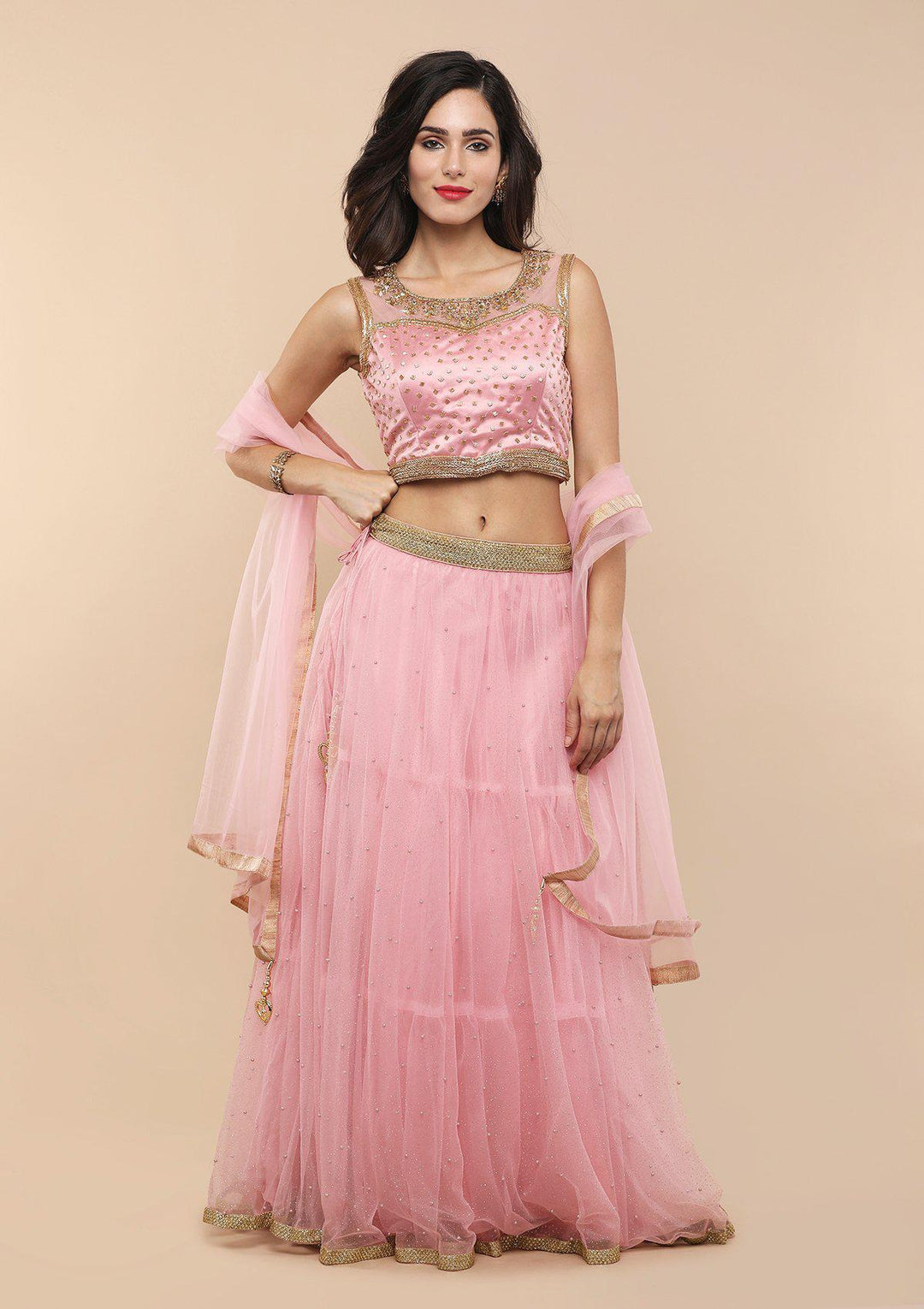 Pink Pearlwork Net Designer Lehenga-Koskii