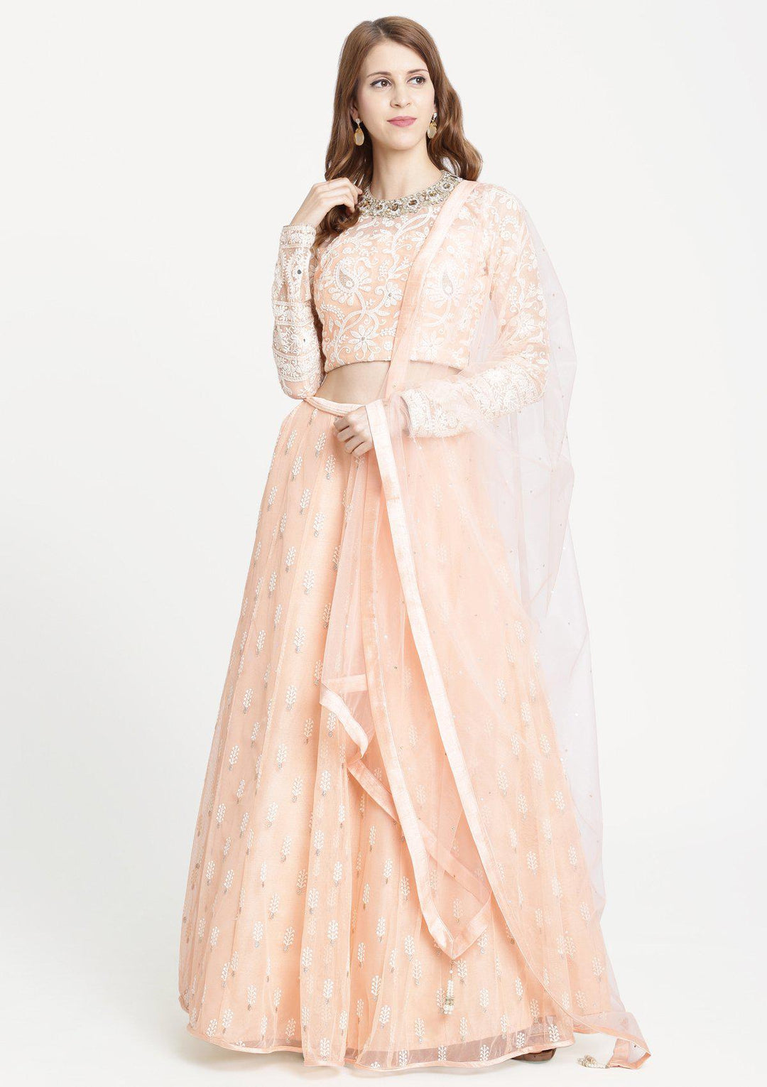 Peach Threadwork Net Designer Lehenga-Koskii