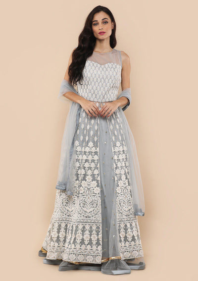Grey Indo-Western Embroidered Designer Dress-Koskii