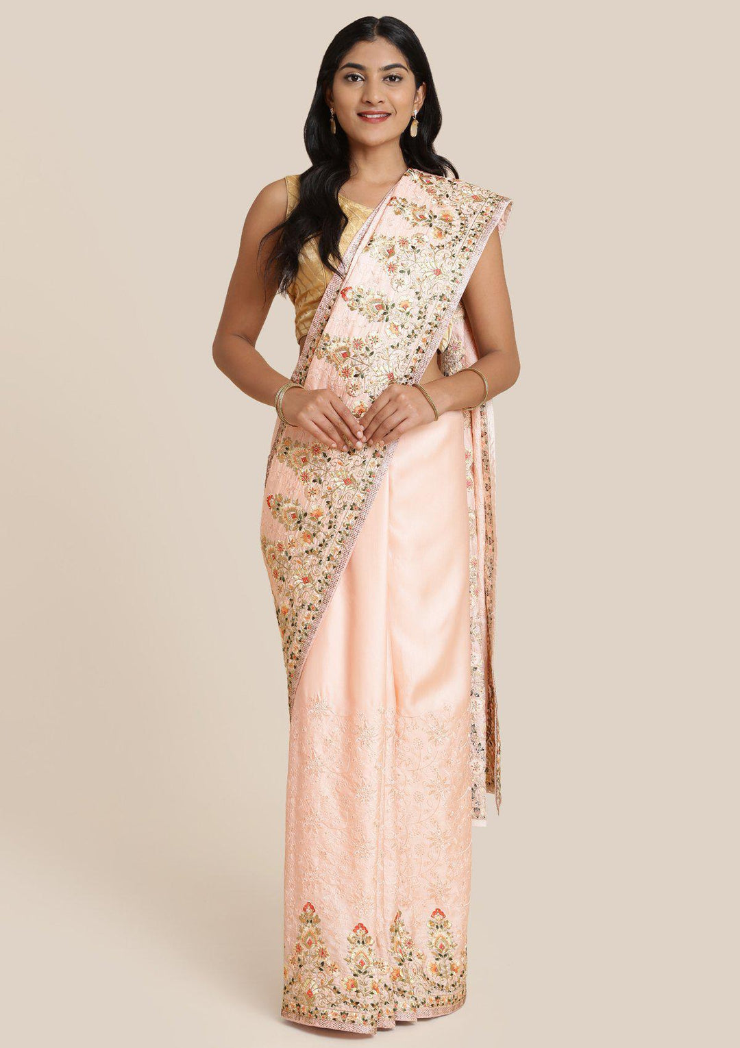 Baby Pink Threadwork Art Silk Designer Saree-Koskii