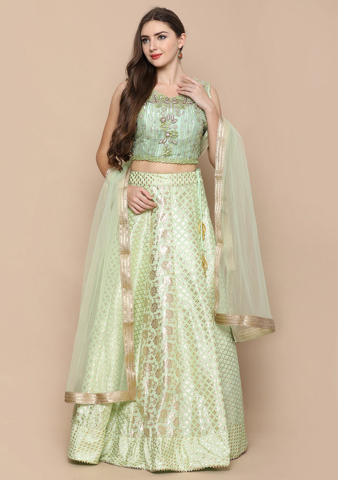 Pista Green Zari Wrok Brocade Designer Lehenga-Koskii