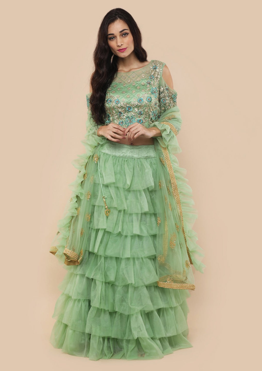 Pista Green Zari Work Net Designer Lehenga-Koskii