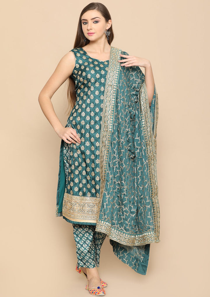 bottle green and gold designer salwar suit-Koskii