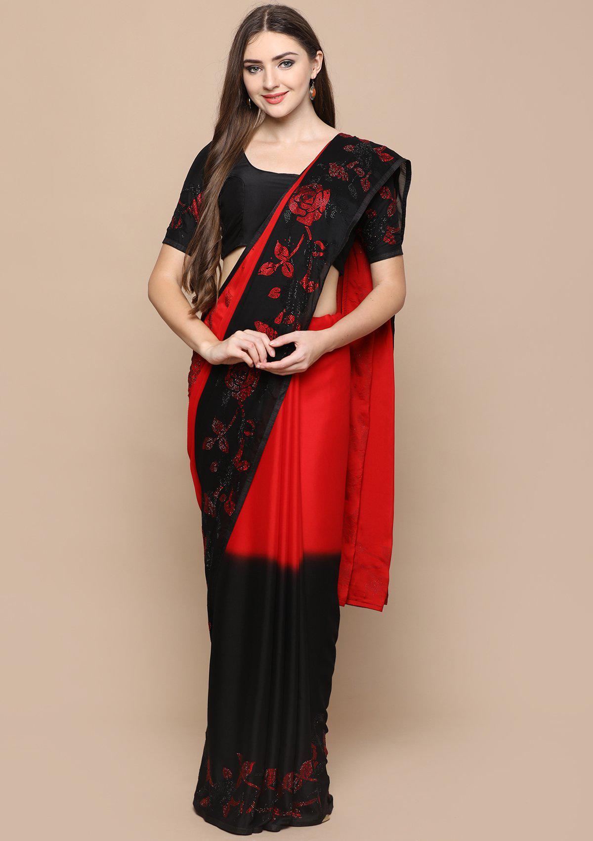 Black and Red Floral Crepe Designer Saree-Koskii