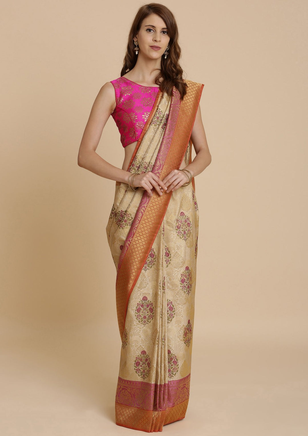 Orange and Cream Art Silk Designer Saree-Koskii