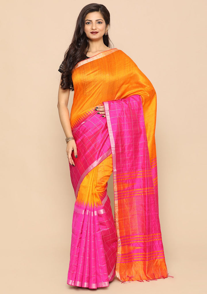 Orange and Magenta Handmade Saree-Koskii
