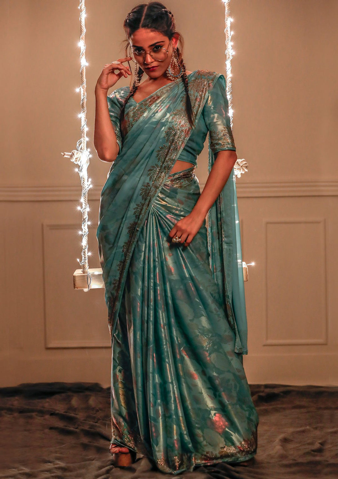 Sea Green Swarovski Shimmer Designer Saree-Koskii