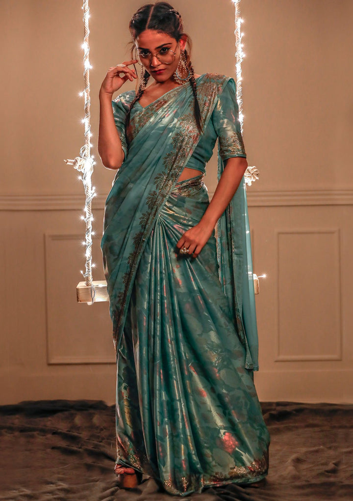 Sea Green Swarovski Shimmer Designer Saree-Koskii