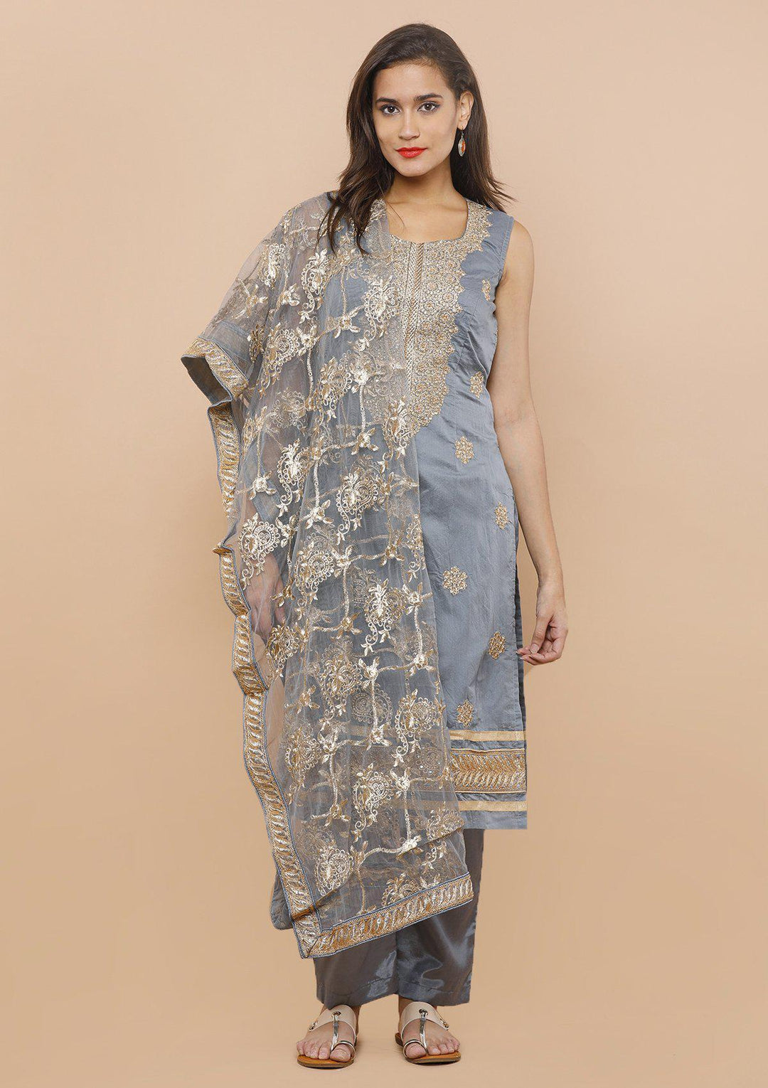 Grey Stone Work Chanderi Silk Designer Salwar Suit-Koskii