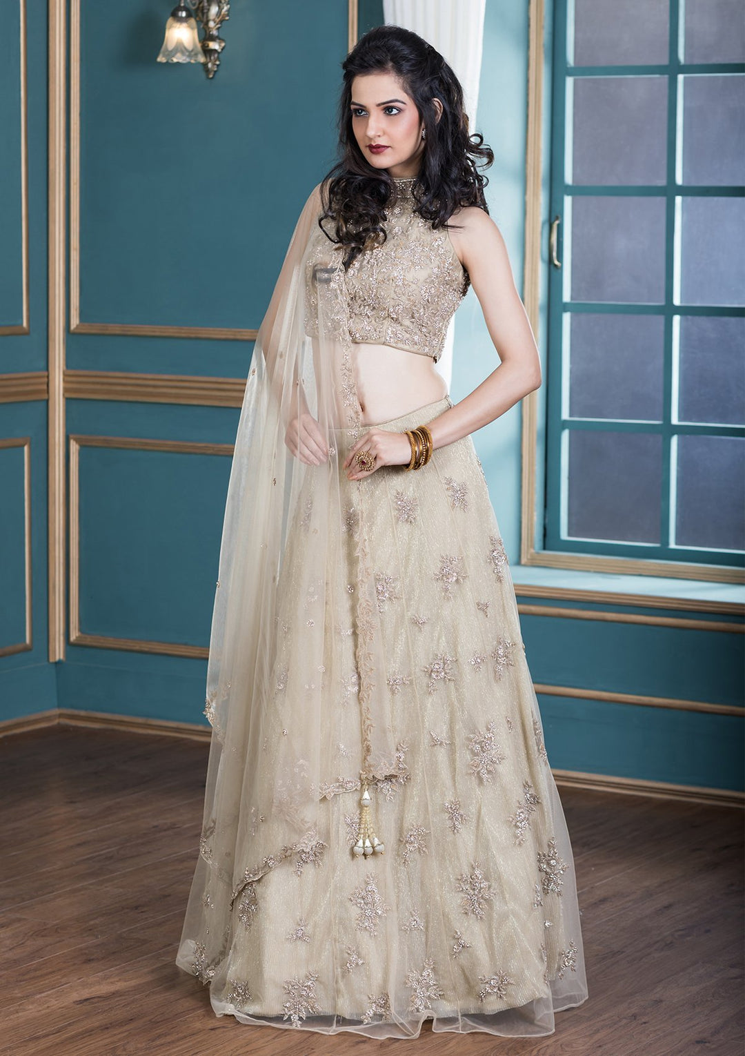 Beige Sequinned Net Designer Lehenga-Koskii