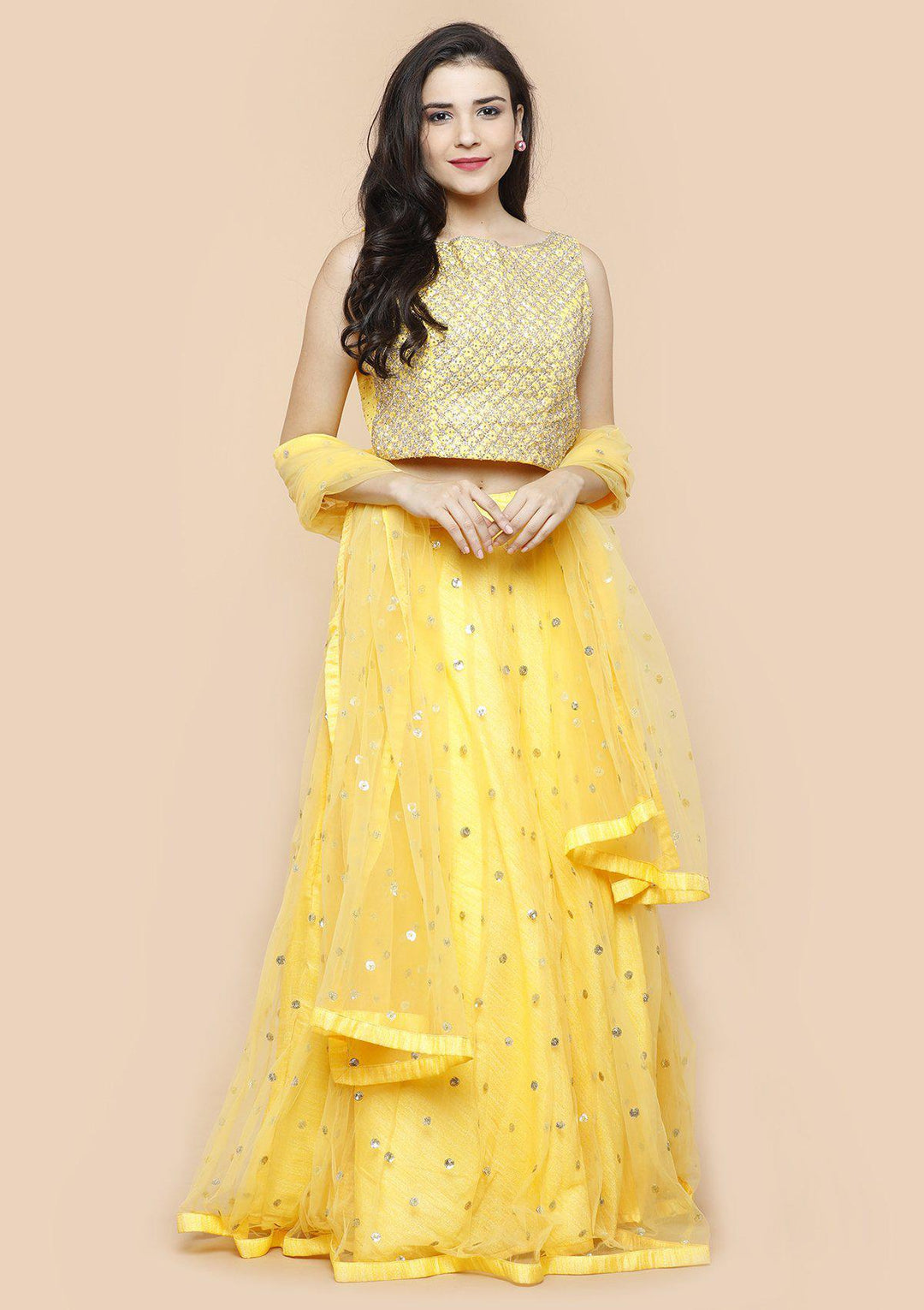 Sunshine Yellow Embellished Silk Designer Lehenga-Koskii