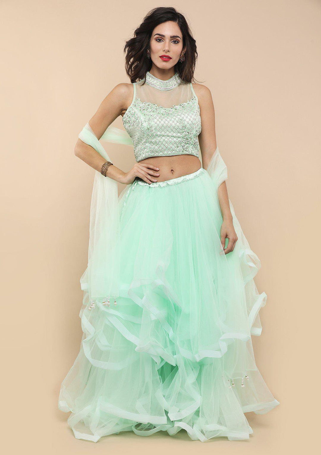 Pista Embellished Tiered Net Designer Lehenga-Koskii