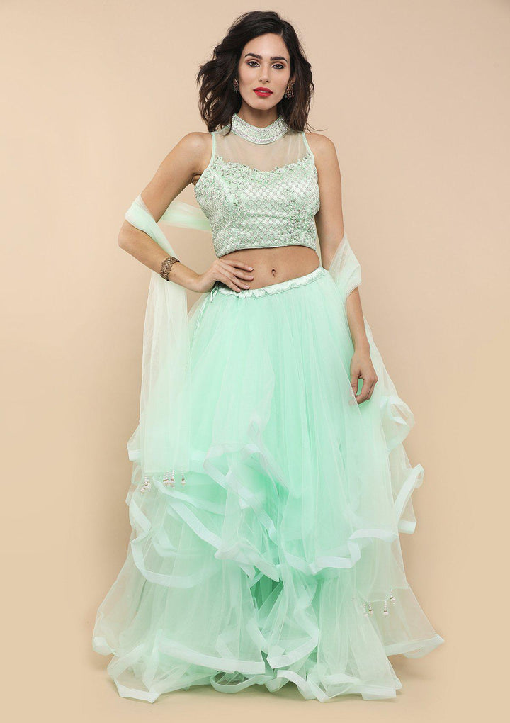 Pista Embellished Tiered Net Designer Lehenga-Koskii