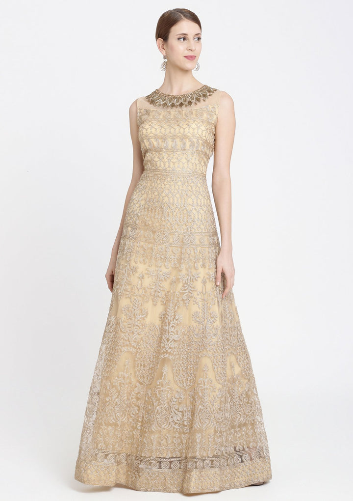 Gold Cutdana Net Designer Gown-Koskii