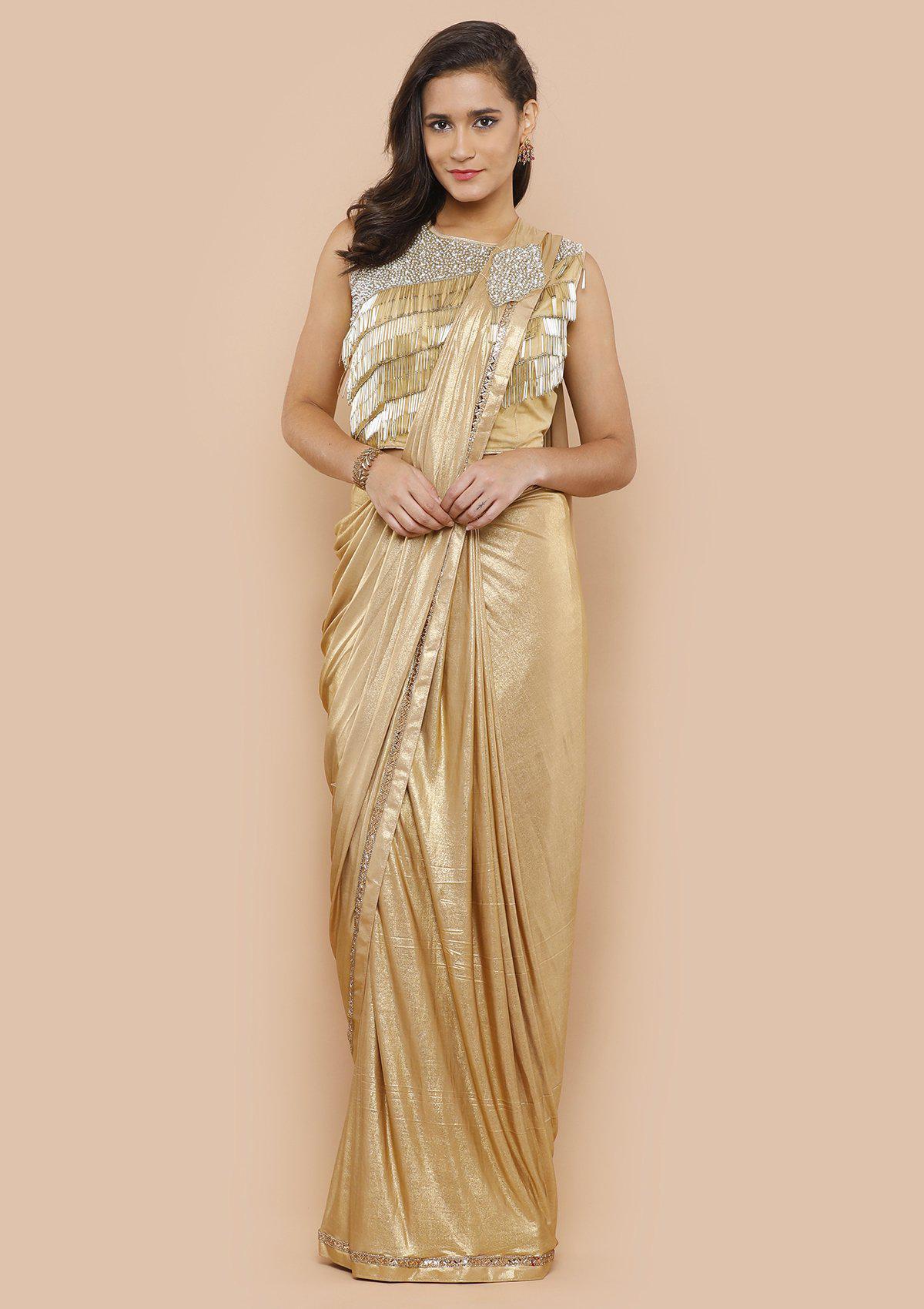 koskii shimmering gold ready to drape saree-Koskii
