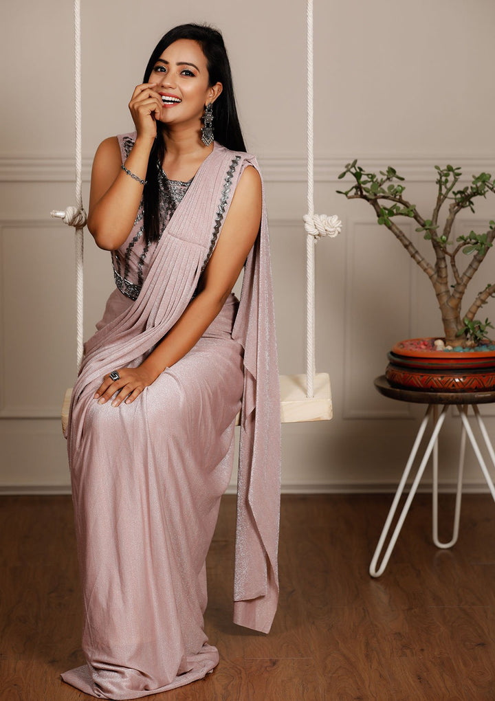 Baby Pink Cutdana Lycra Ready Drape Saree-Koskii