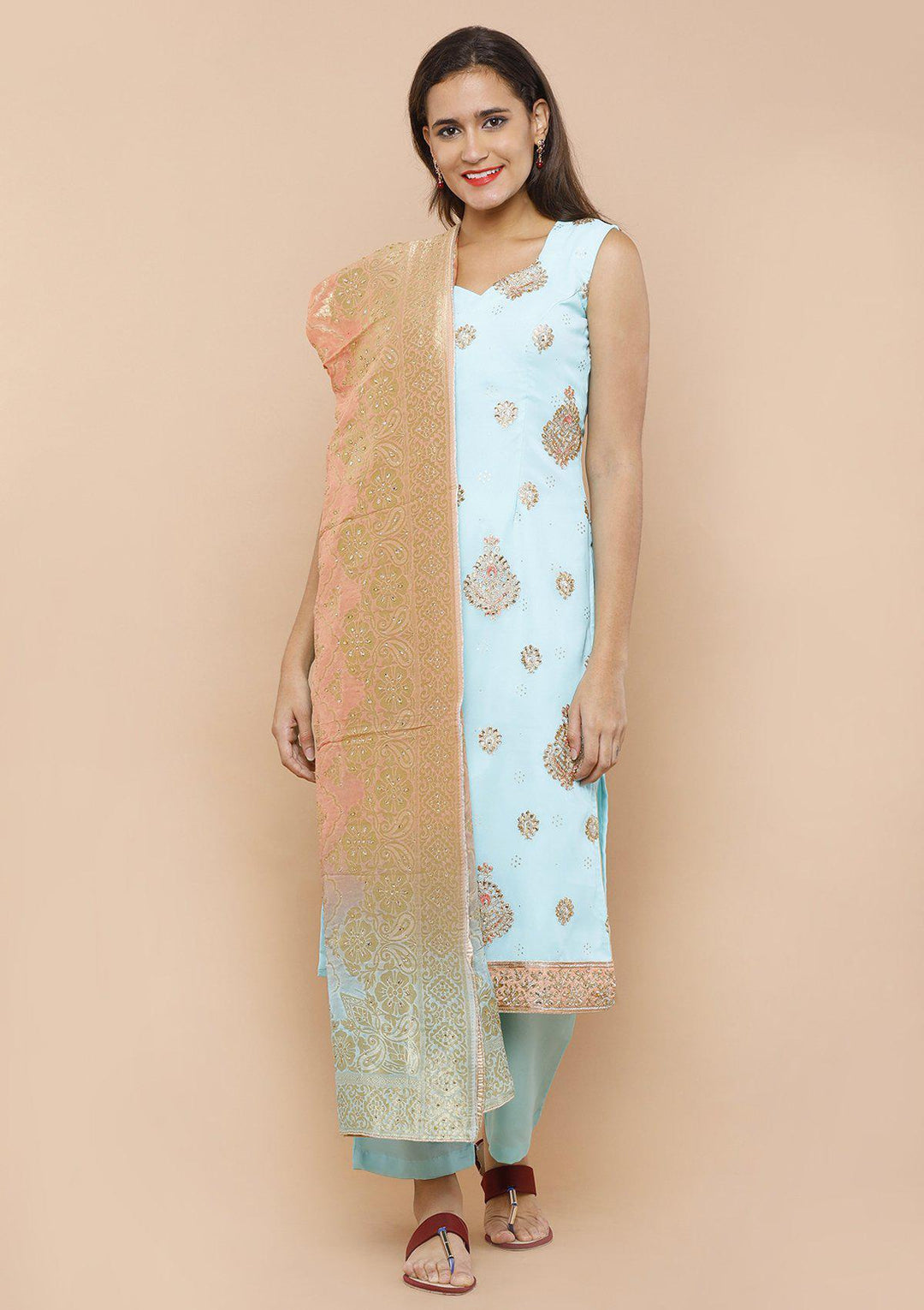 Peach and Blue Silk Designer Salwar Suit-Koskii