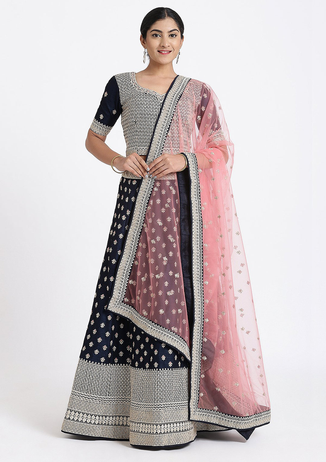 Navy Blue Zariwork Raw Silk Designer Lehenga-Koskii