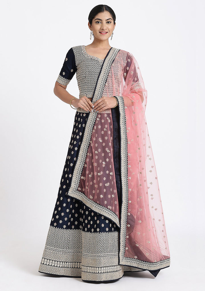 Navy Blue Zariwork Raw Silk Designer Lehenga-Koskii