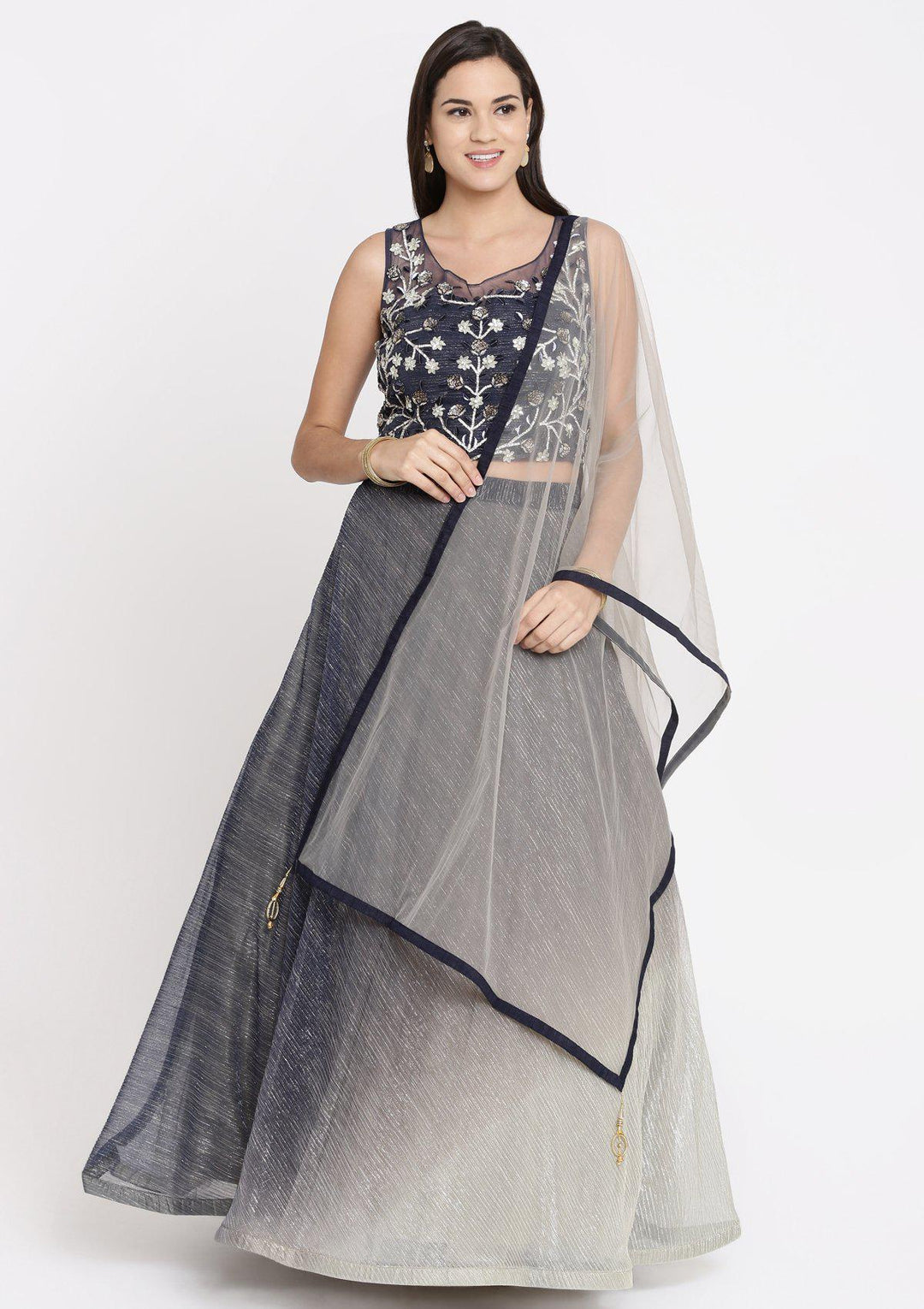 Dark Grey Silver Stonework Lycra Designer Lehenga-Koskii