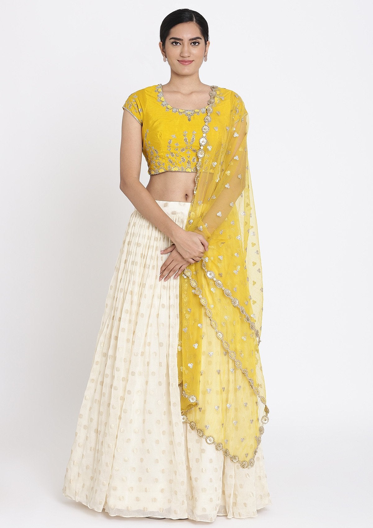 Cream And Yellow Zardosi Georgette Designer Lehenga - koskii
