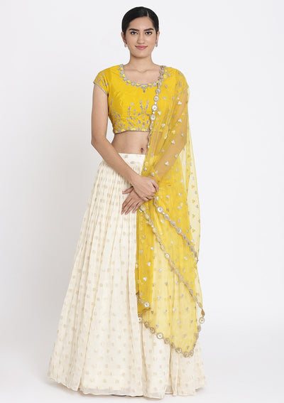 Cream And Yellow Zardosi Georgette Designer Lehenga - koskii
