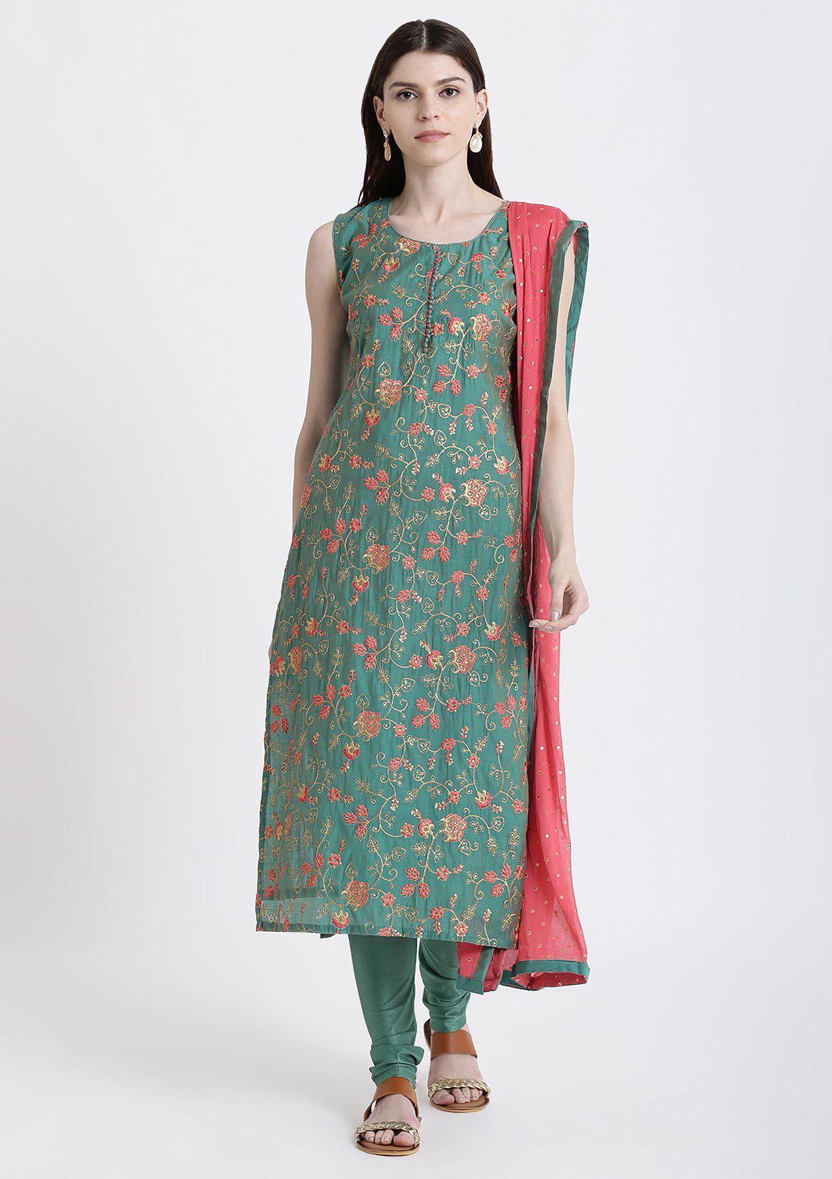 Leaf Green Zariwork Chanderi Designer Salwar Suit-Koskii