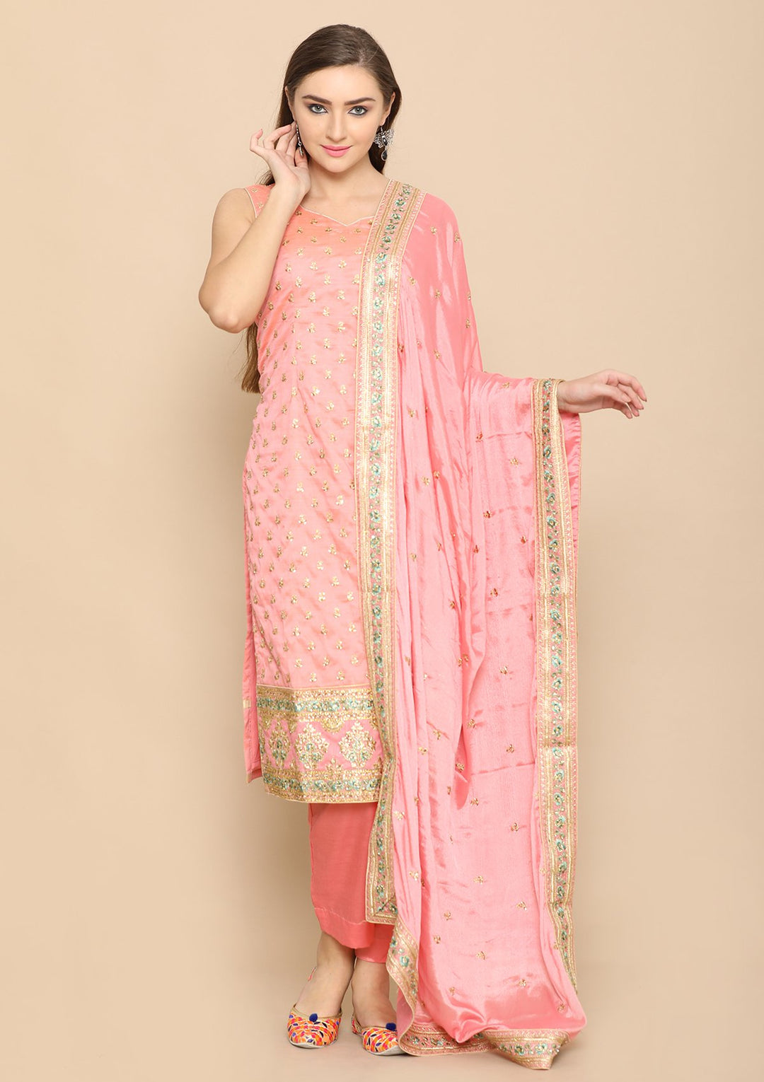 Pink Thread Work Raw Silk Designer Salwar Suit-Koskii