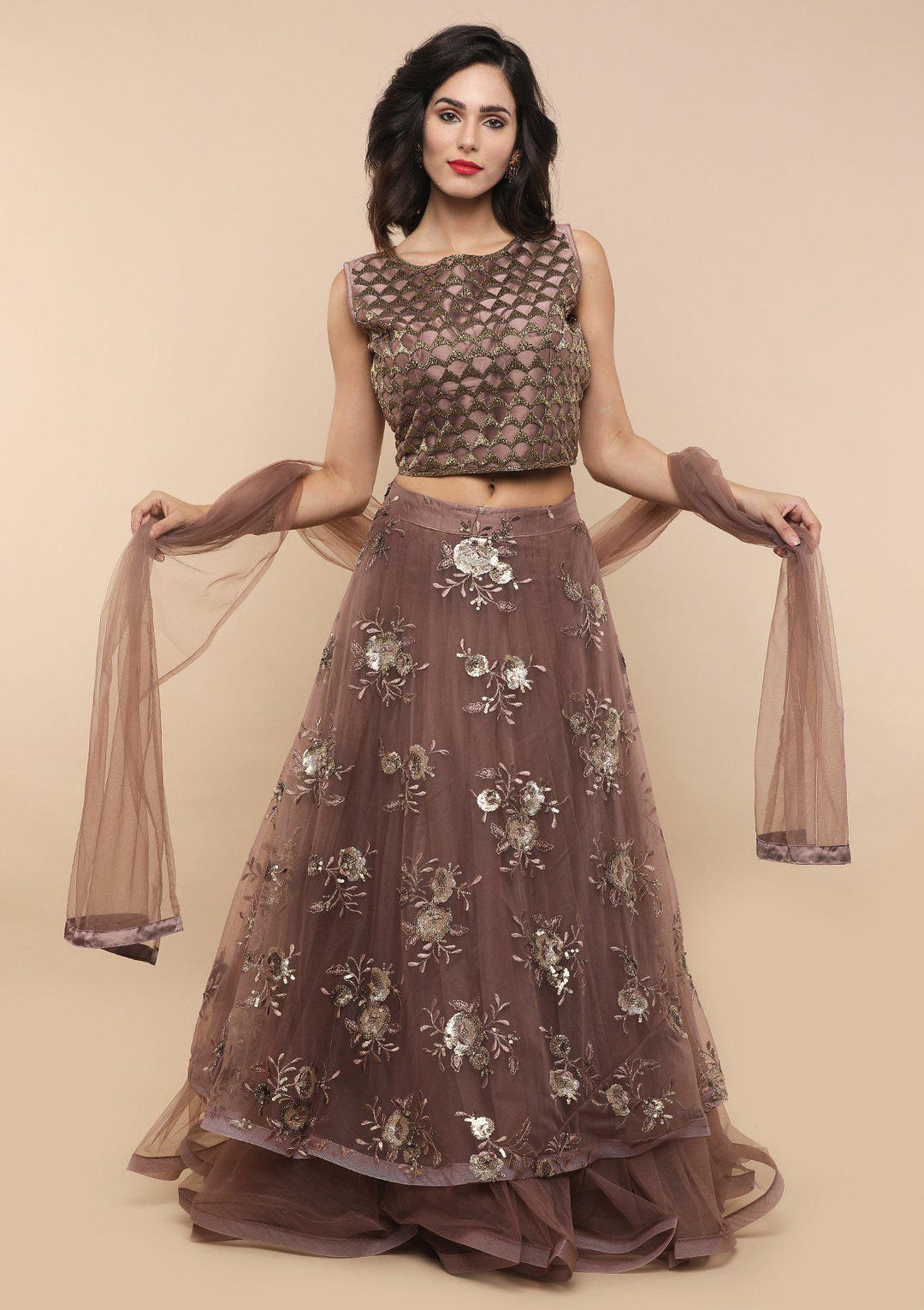 Dark Mauve Floral Net Designer Lehenga-Koskii