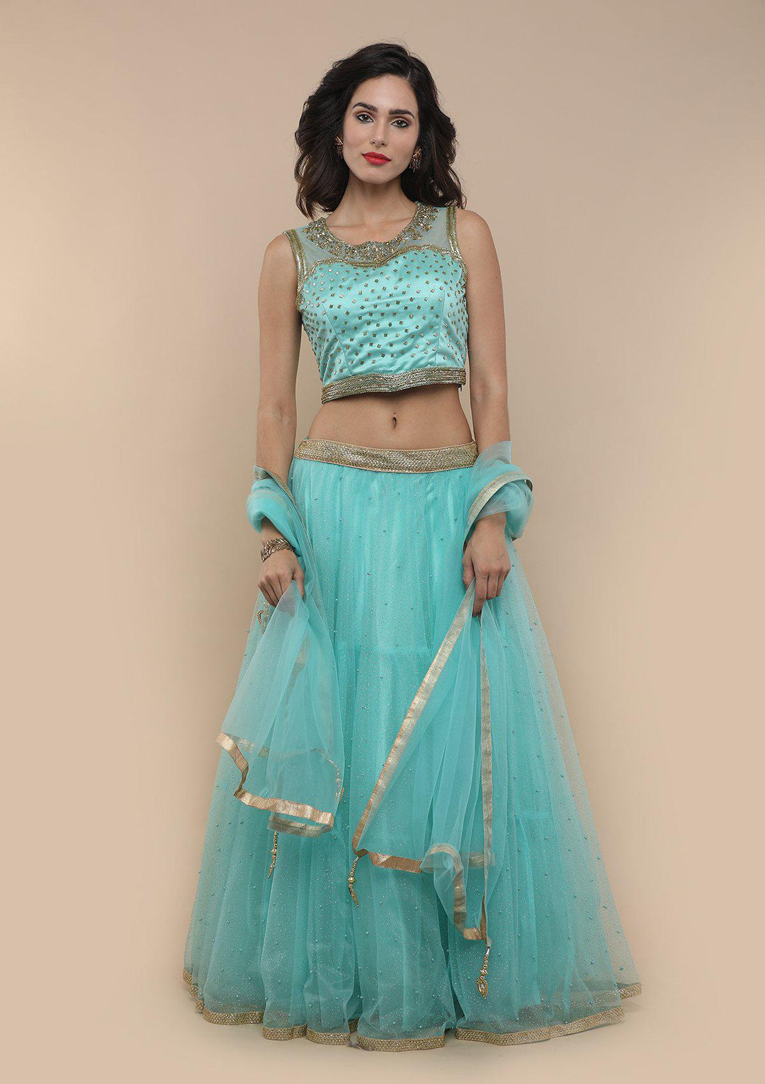 Sea Green Pearl Work Net Designer Lehenga-Koskii