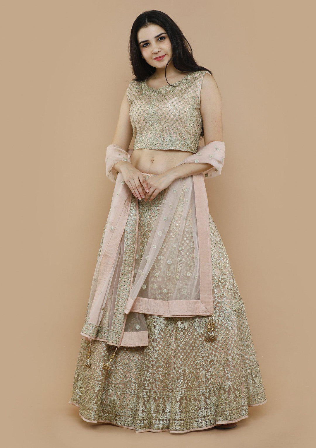 Peach Net Thread Work Designer Lehenga-Koskii