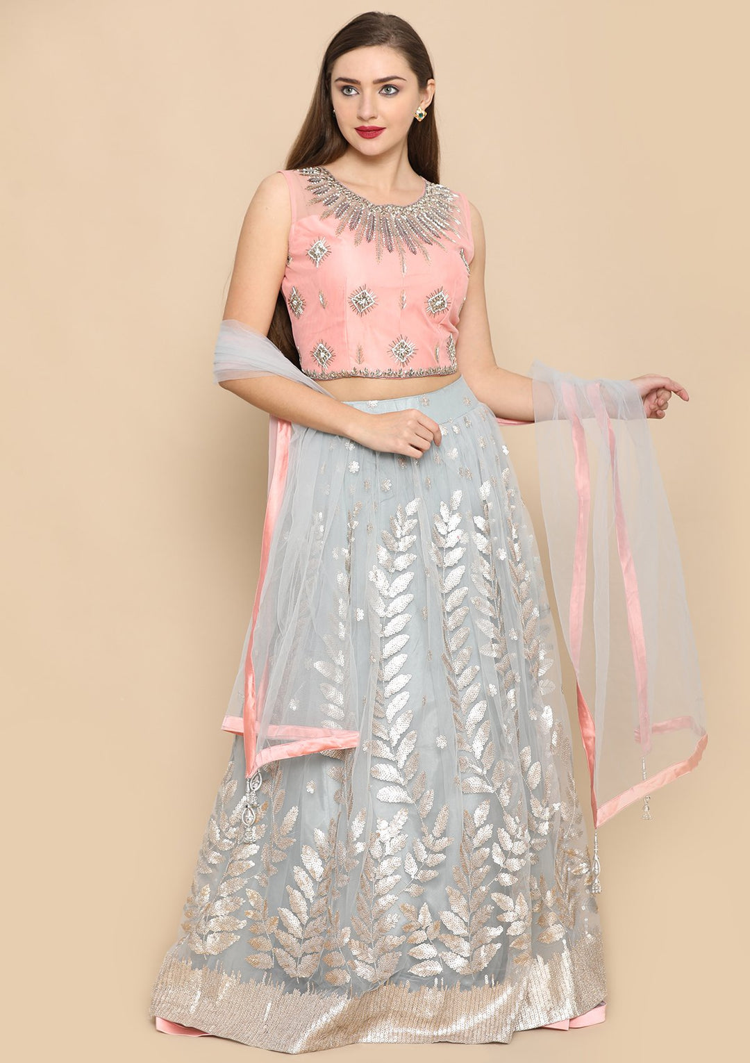 Grey Stone Work Satin Designer Lehenga-Koskii
