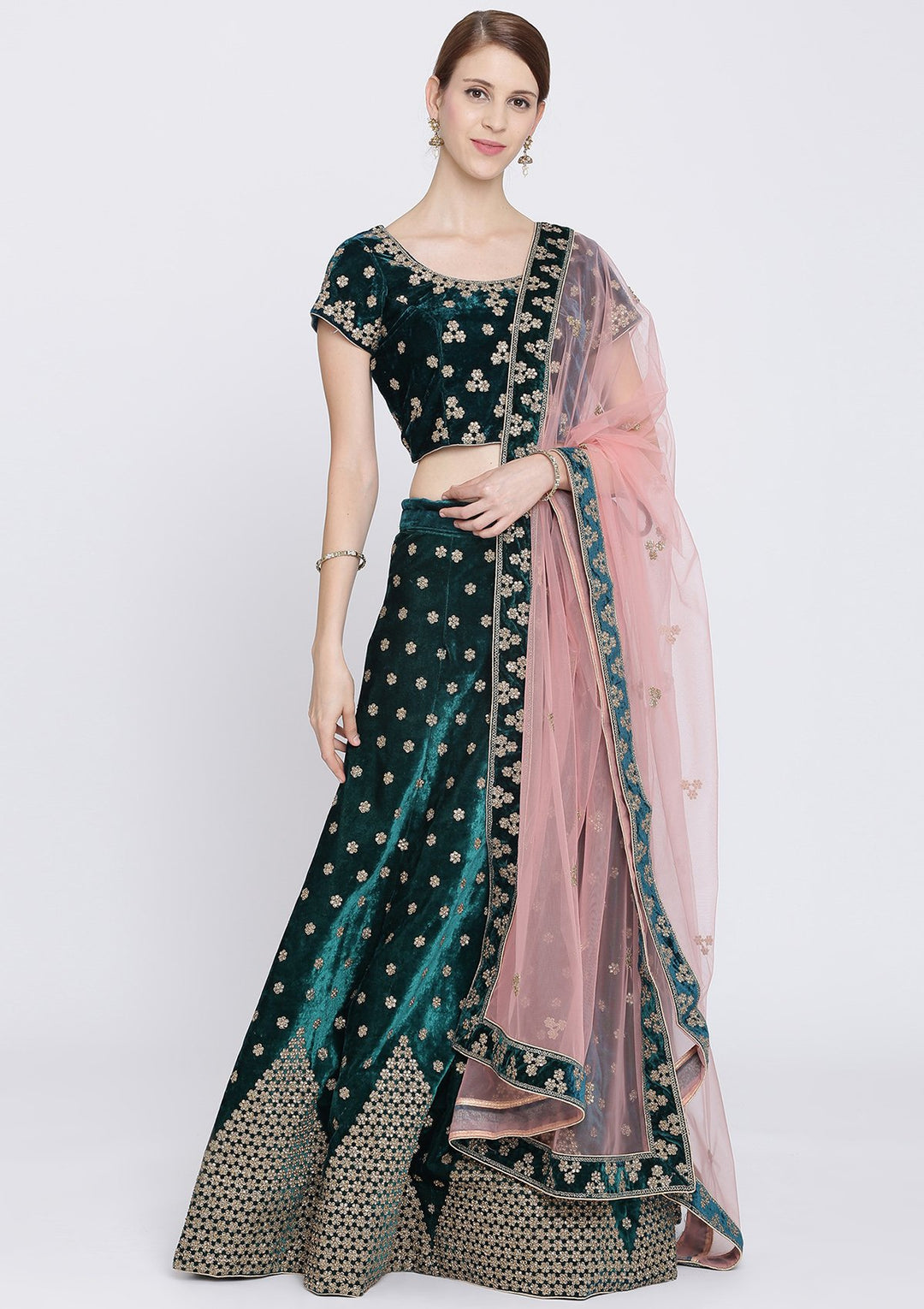 Pista Green Stonework Velvet Designer Lehenga-Koskii
