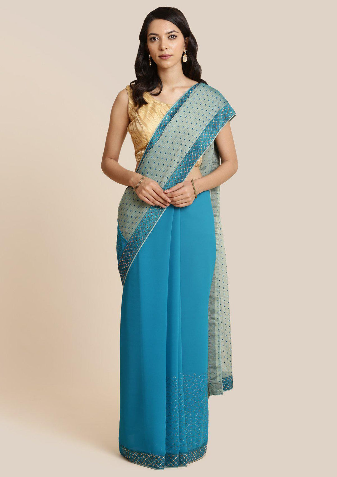Blue Swarovski Georgette Designer Saree-Koskii