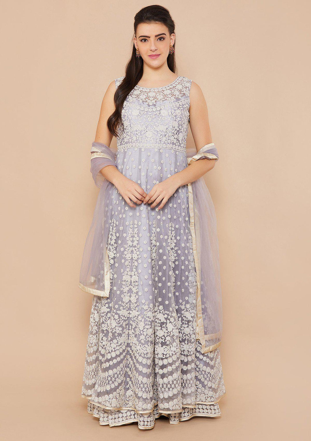 Grey Zariwork Net Designer Gown-Koskii