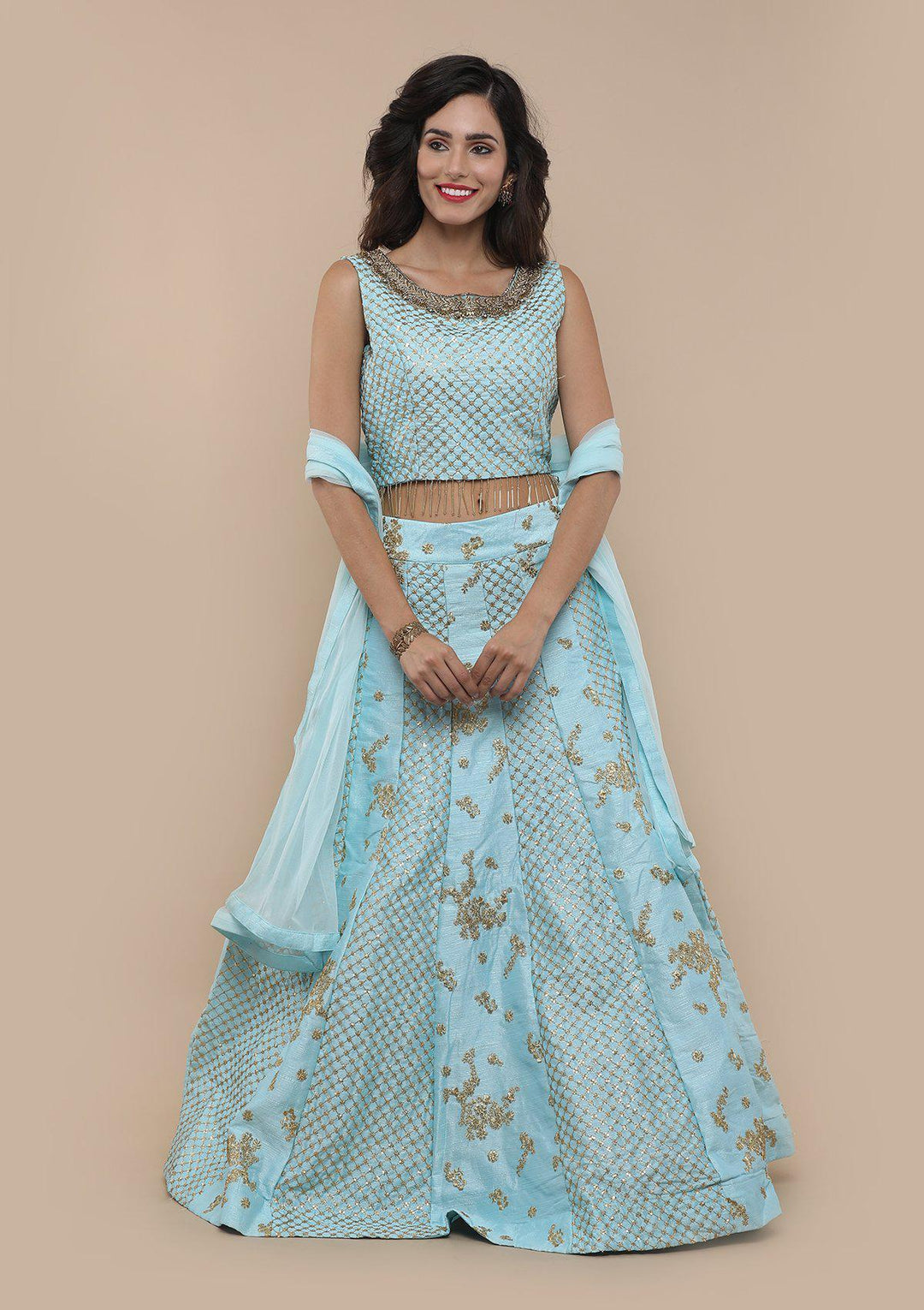 Blue Sequinned Raw Silk Designer Lehenga-Koskii