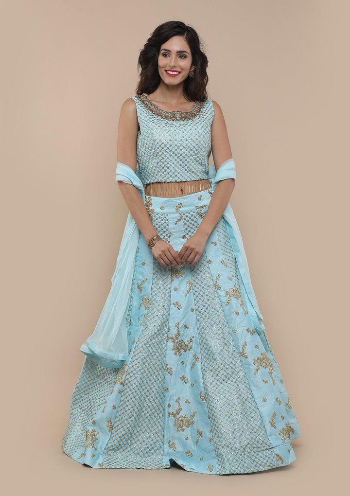 Blue Sequinned Raw Silk Designer Lehenga-Koskii