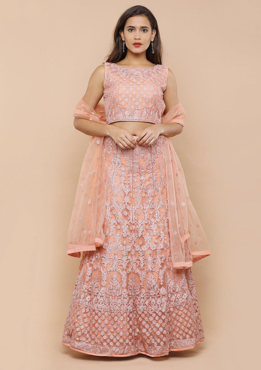 Peach Threadwork Net Designer Lehenga-Koskii