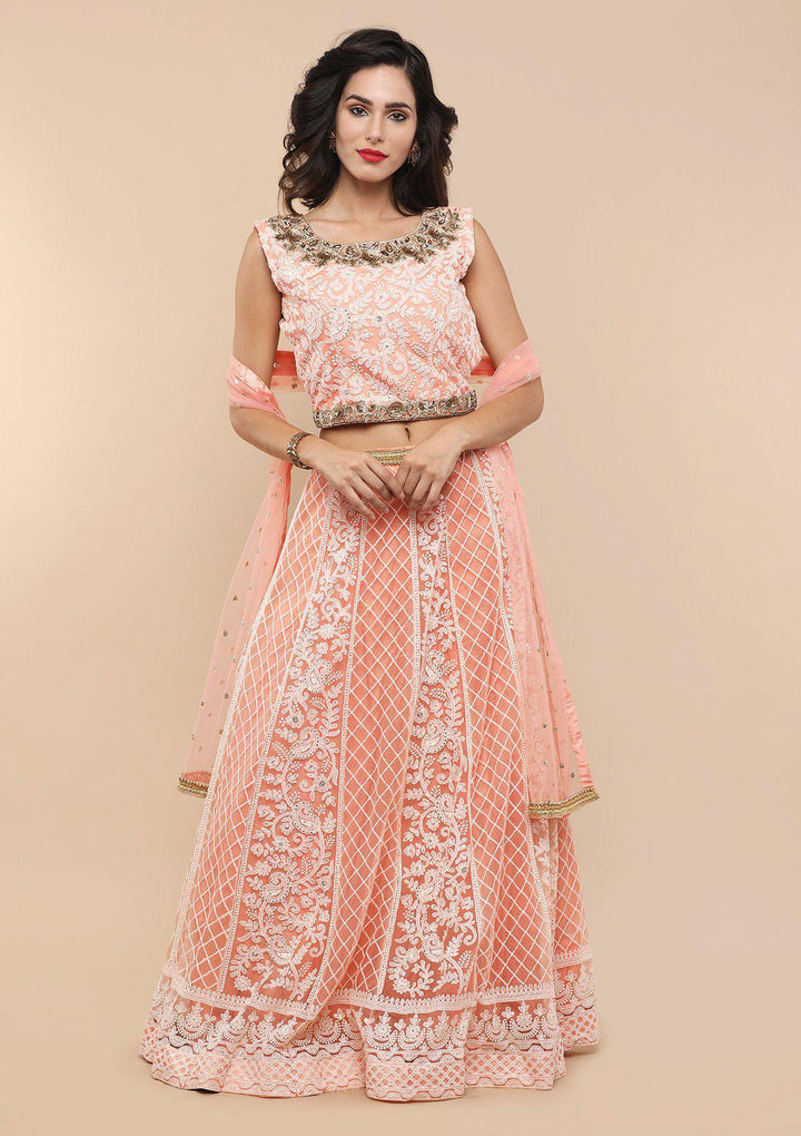 Peach Thread Work Net Designer Lehenga-Koskii