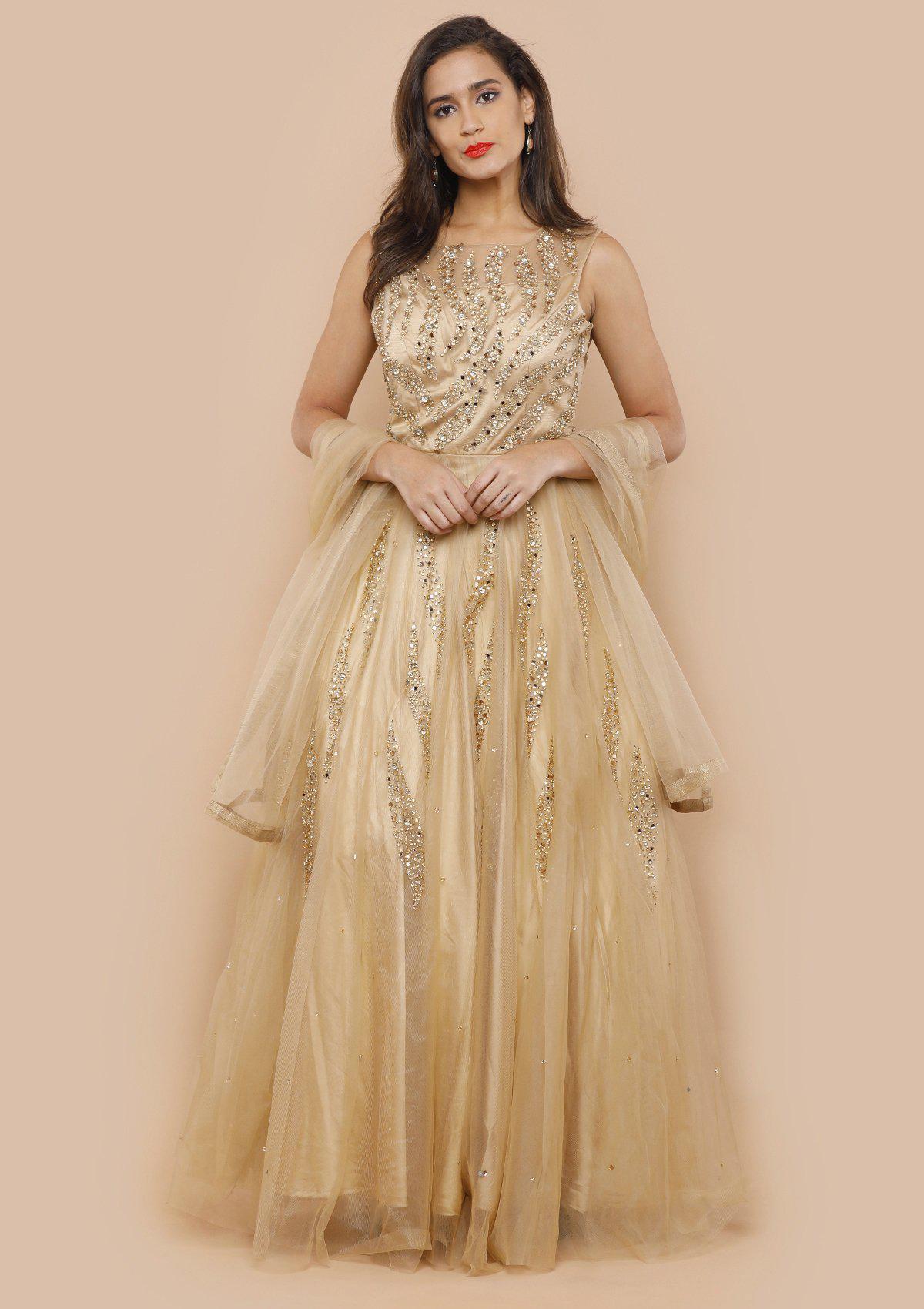 Sepia Gold Net Designer Evening Gown-Koskii