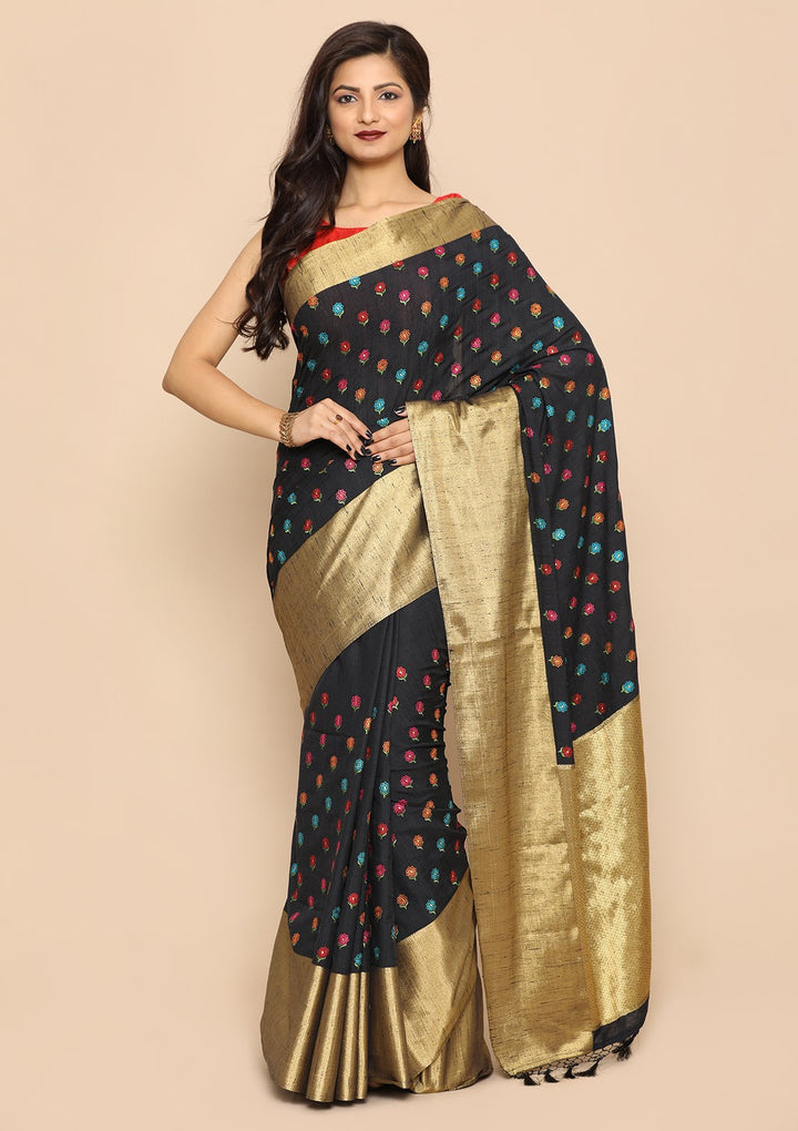 Black Multi Color Buta Handloom Saree-Koskii