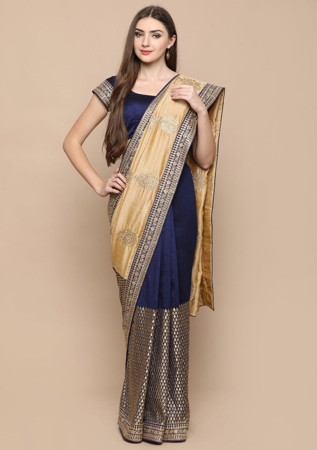 Beige and Blue Zari Work Chiffon Designer Saree-Koskii