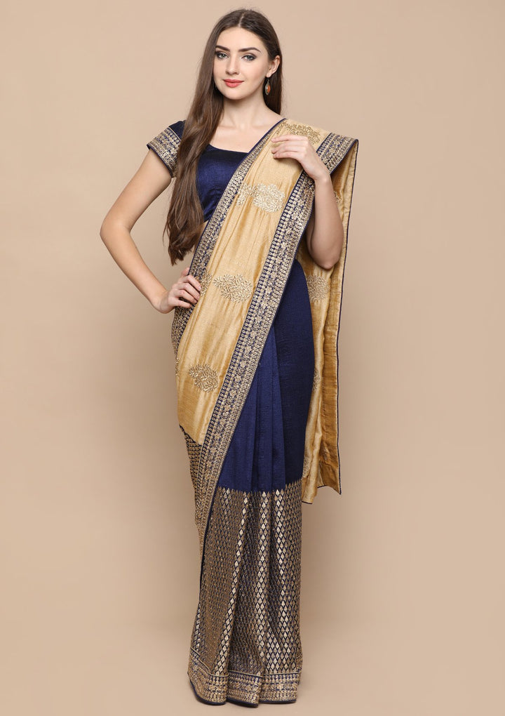 Beige and Blue Zari Work Chiffon Designer Saree-Koskii