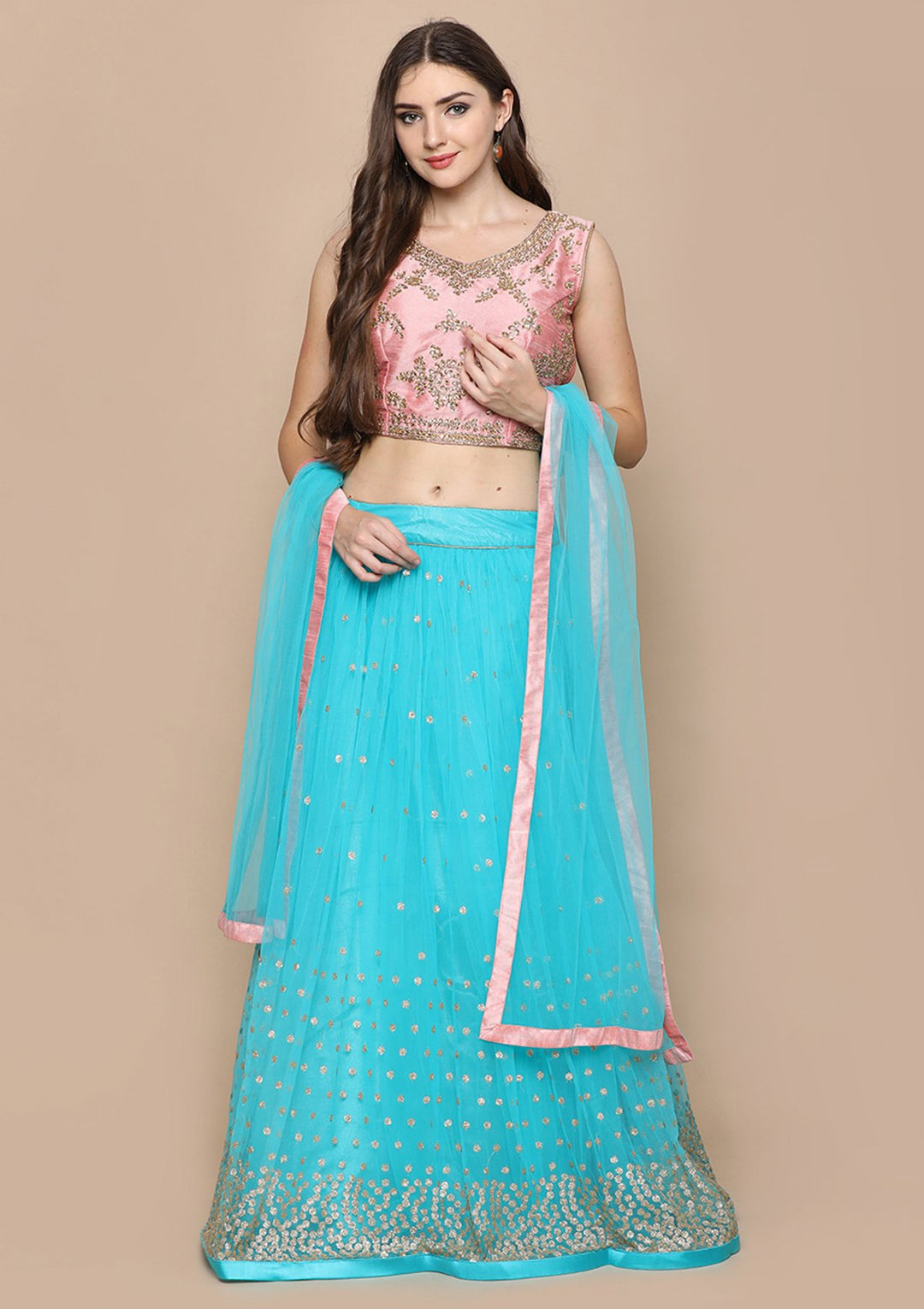 Sky Blue Stone Work Silk Designer Lehenga-Koskii